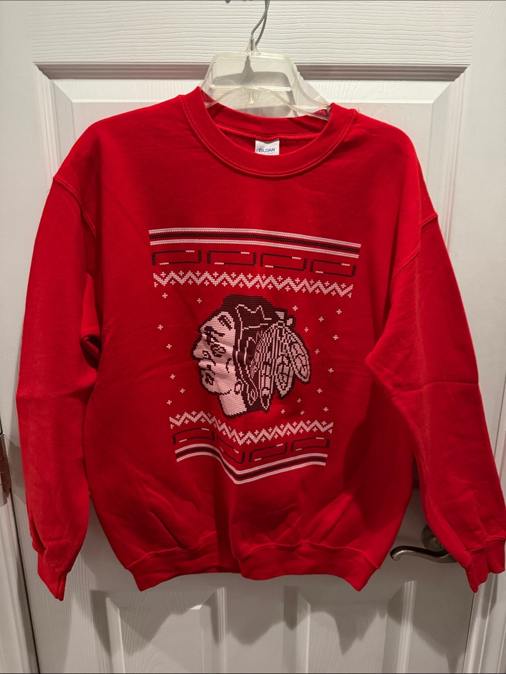 Gildan Red Crewneck Sweater with White and Black Graphic